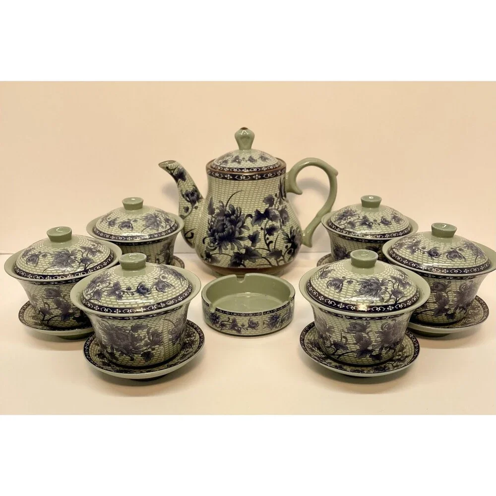 Vintage Bairuxue Art Ceramics Chinese Tea Set Blue Floral on Grey/Green-BOXED